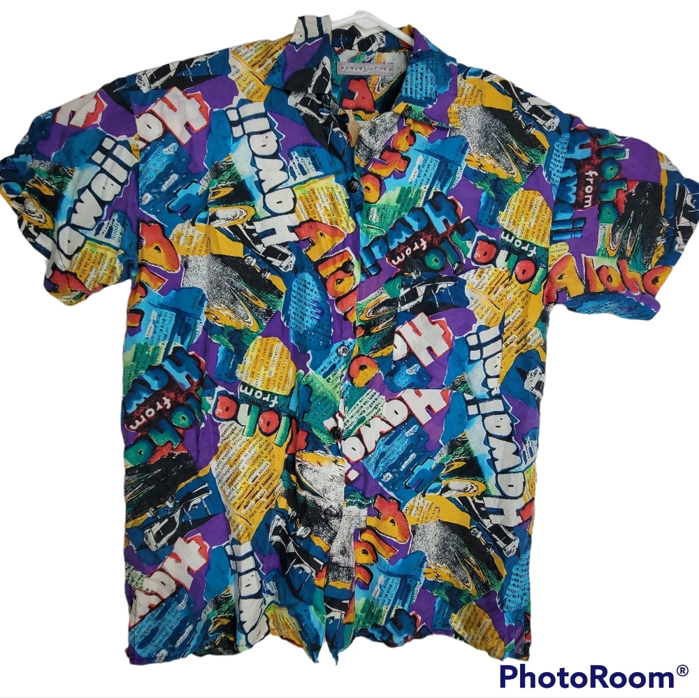 Robert Stock Small Hawaiian Aloha Beach Silk Short Sleeve Shirt 80s 90s Collage